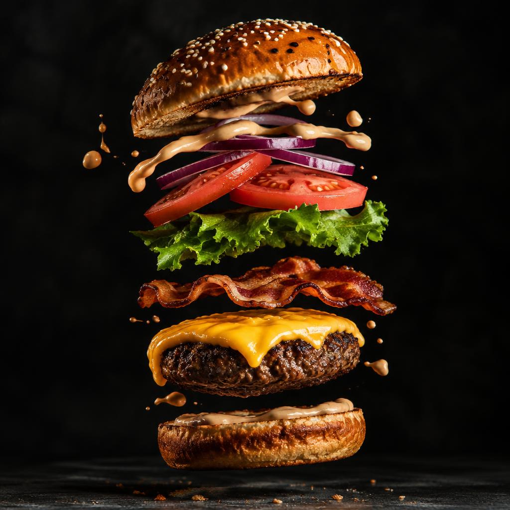 Hambúrguer desmontado com ingredientes flutuando em fotografia conceitual gourmet