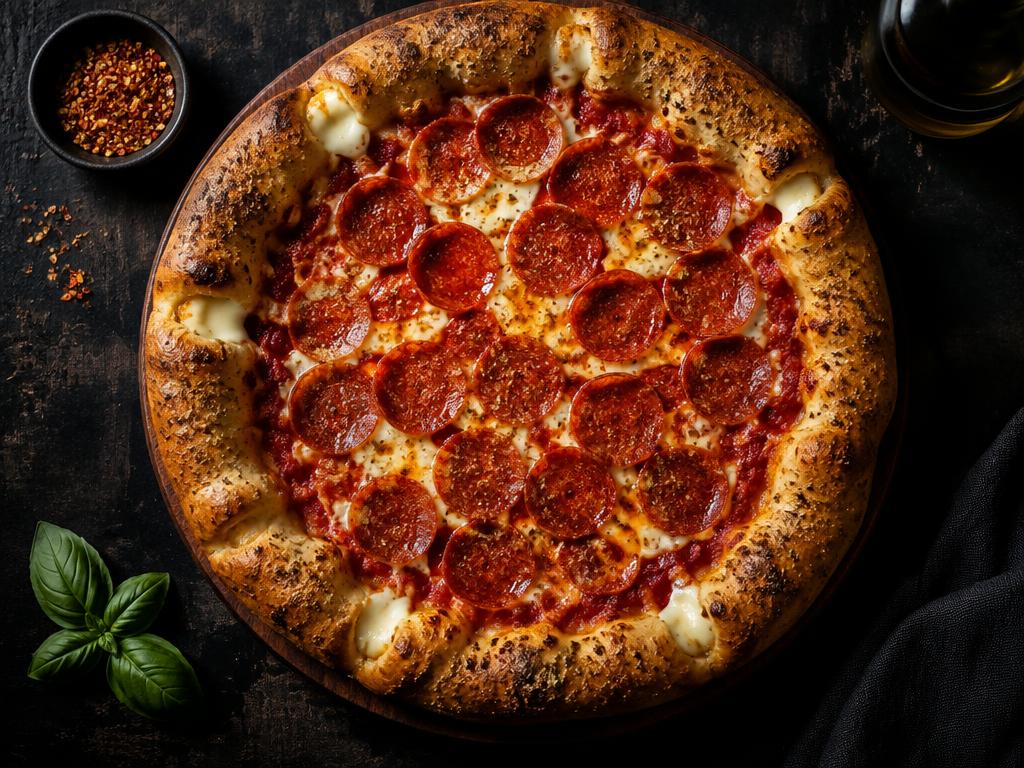 Pizza de forno a lenha vista de cima com bordas recheadas